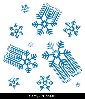 Snowfall of discounts, decoratice background. Illustration of snowflakes with ean code symbolizing falling prices. Vector available. Stock Vector