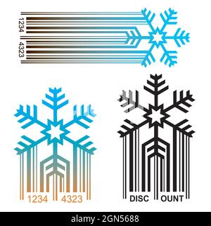 Snowflake,original BAR code, discount concept. Symbol of snowflake with ean code symbolizing price discounts. Vector available. Stock Vector