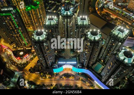 Aerial view of 'Taman Anggrek' the biggest shopping mall and apartment in Jakarta when sunrise. Jakarta, Indonesia, September 23, 2021 Stock Photo