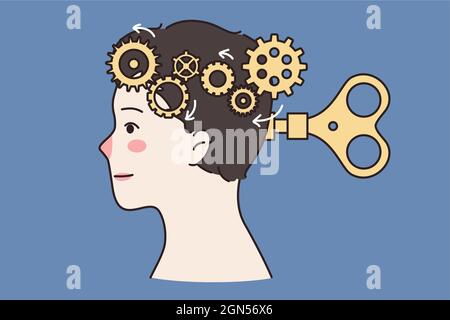 Intellectual manipulation and mental health concept. Human head with brain is replaced by system of gears driven by key and scissors vector illustration  Stock Vector