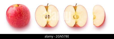 Whole red apple fruit, half and pieces in a row, flat lay, isolated on white background Stock Photo