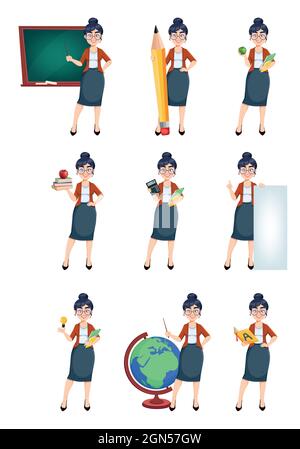 Happy Techer day. Cute female teacher cartoon character, set of nine poses. Stock vector illustration isolated on white background Stock Vector