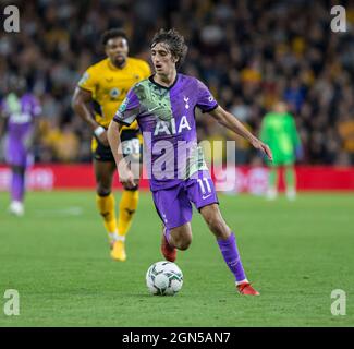 Wolverhampton, UK. 22nd September 2021; Molineux Stadium, Wolverhampton,  West Midlands, England; EFL Cup football, Wolverhampton Wanderers versus Tottenham Hotspur; Bryan Gil of Tottenham Hotspurs with the ball at his feet Credit: Action Plus Sports Images/Alamy Live News Stock Photo