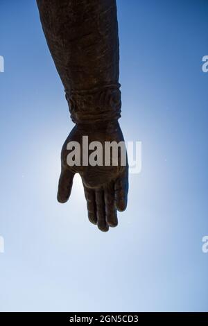 Hand of monument to Yuri Dolgorukiy, prince and founder of the city of Moscow against sky background Stock Photo