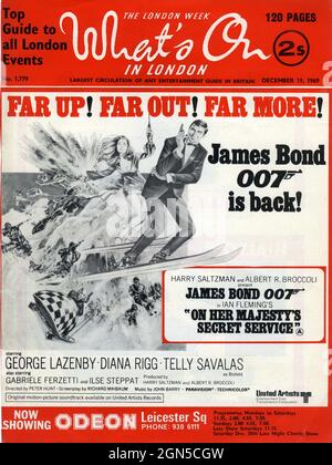 Front Cover of What's On In London Magazine from 19th December 1969 promoting GEORGE LAZENBY as the new James Bond 007 with DIANA RIGG in ON HER MAJESTY'S SECRET SERVICE 1969 director PETER HUNT novel Ian Fleming music John Barry producers Harry Saltzman and Albert R. Broccoli / United Artists Stock Photo