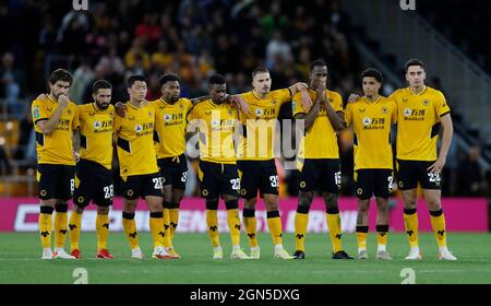 Wolverhampton, England, 22nd September 2021. Dejected Wolves players  during the Carabao Cup match at Molineux, Wolverhampton. Picture credit should read: Darren Staples / Sportimage Credit: Sportimage/Alamy Live News Stock Photo
