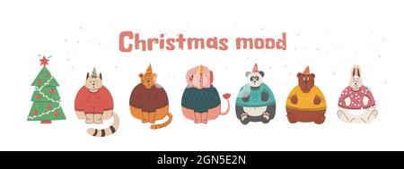 Christmas mood. Sad and grumpy animals, but cute bunnies, lion, bear, tiger, cat and panda in Christmas sweaters. Vector isolated elements for New Stock Vector