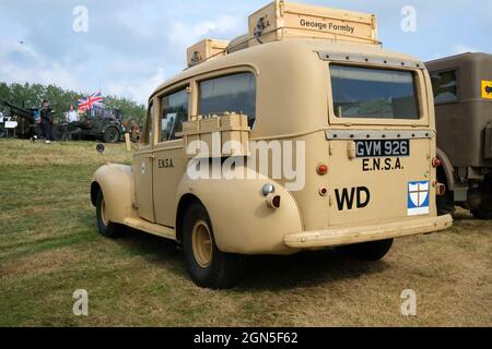 September 2021 - Bluebird the car used by George Formby when travelling to entertaining troops on display at The Goodwood Revival race meeting Stock Photo