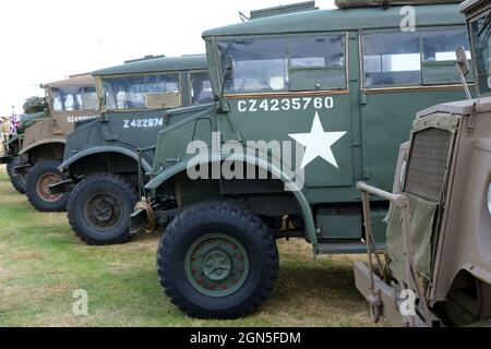 September 2021 - Line of Canadian built trucks at the Military display at The Goodwood Revival race meeting for vintage cars and motorbikes. Stock Photo