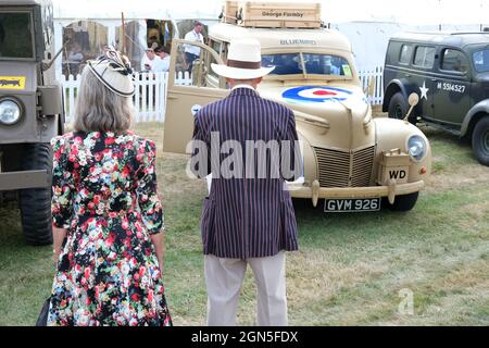 September 2021 - Bluebird the car used by George Formby when travelling to entertaining troops on display at The Goodwood Revival race meeting Stock Photo