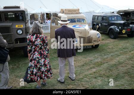 September 2021 - Bluebird the car used by George Formby when travelling to entertaining troops on display at The Goodwood Revival race meeting Stock Photo