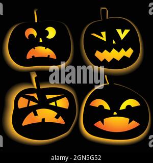 Set of glowing halloween pumpkins. Scary and funny faces. Cute Pumpkin or ghost. Vector autumn holidays illustration Stock Vector