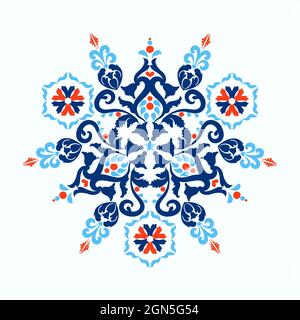 Vintage damask pattern with floral elements. Arabesque ornament. Blue, red, white colors. Decorative tiles with ornaments. Vector illustration. Stock Vector