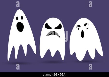Cute Halloween ghosts. Scared funny ghost with different emotions. Set of icons isolated on a purple background. Cartoon vector illustration. Stock Vector