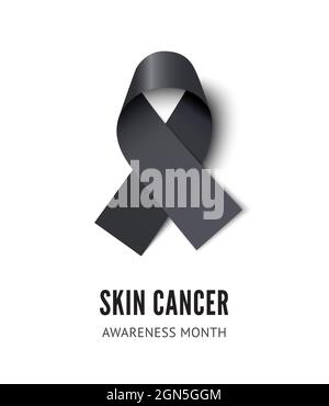 Skin cancer awareness ribbon vector illustration isolated on white background. Realistic vector black silk ribbon with loop Stock Vector