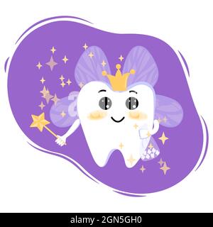 Cute cartoon tooth fairy with a magic wand and wings with magic stars. Tooth fairy in a flat style. Lilac, gold, white color. Tooth fairy on white Stock Vector