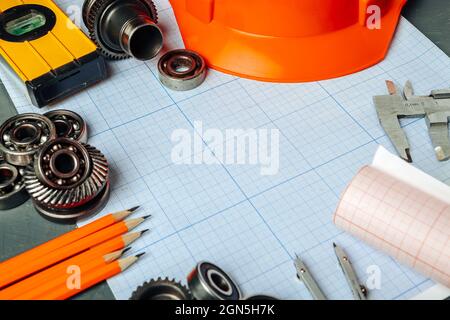 Car engineering tools top view on graph paper Stock Photo