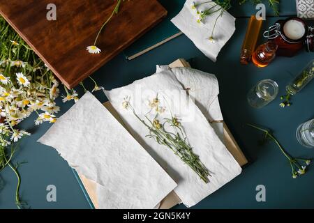 Book with dried chamomiles on table Stock Photo