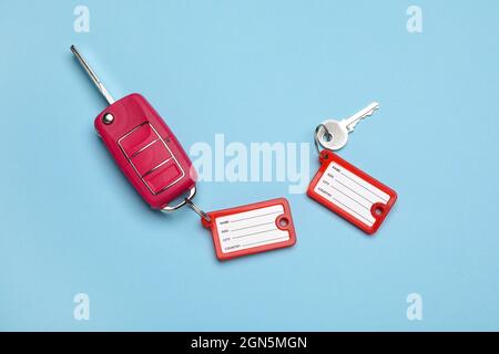 Keys with plastic tags on color background Stock Photo