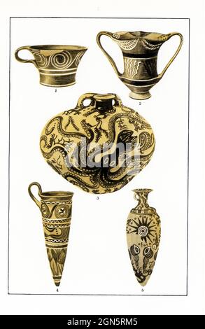 Shown here are: 1 and 2: Kamares Ware (2100 -c.1500 BC)— a style of Minoan pottery characterized by its floral and/or geometric designs painted on top of a black slip which covers the whole vessel.  The style received its name from the Kamares cave located on the southern slope of Mount Ida; 3-5: Mycenaean Vases (1700-1100 BC) Stock Photo