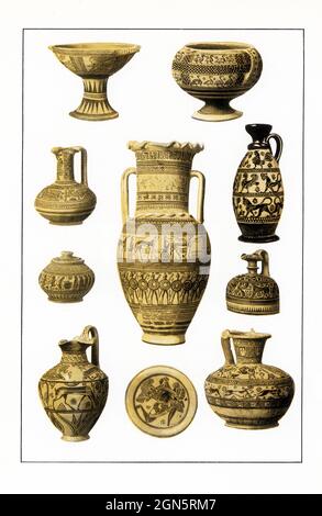 Shown here are various Mycenaean and later Greek vases. The Mycenaean Period went from 1700-1100 BC. The early styles shown here are Mycenaean down to the early 7th century (600s BC). Stock Photo