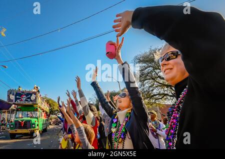 People wave for Mardi Gras beads as a float makes its way down the street during the Joe Cain Day Mardi Gras parade, Feb. 7, 2016, in Mobile, Alabama. Stock Photo