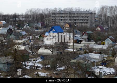 Kovrov, Russia. 22 March 2017. Collective gardens in early spring. View from a multistory building Stock Photo