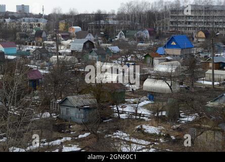 Kovrov, Russia. 22 March 2017. Collective gardens in early spring. View from a multistory building Stock Photo