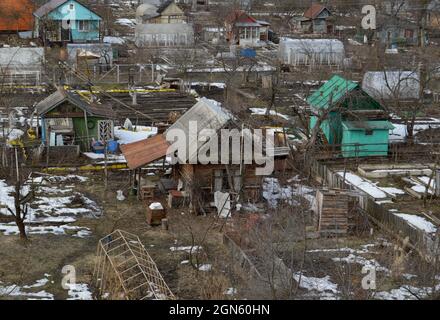 Kovrov, Russia. 22 March 2017. Collective gardens in early spring. View from a multistory building Stock Photo