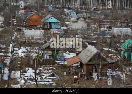 Kovrov, Russia. 22 March 2017. Collective gardens in early spring. View from a multistory building Stock Photo