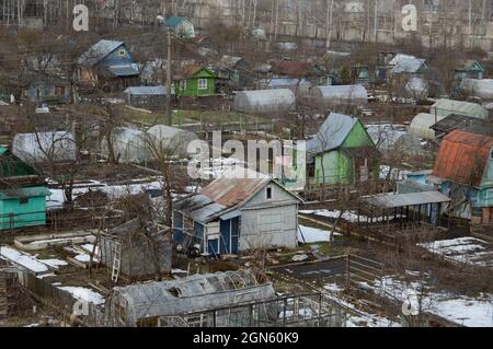 Kovrov, Russia. 22 March 2017. Collective gardens in early spring. View from a multistory building Stock Photo