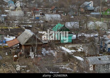 Kovrov, Russia. 22 March 2017. Collective gardens in early spring. View from a multistory building Stock Photo