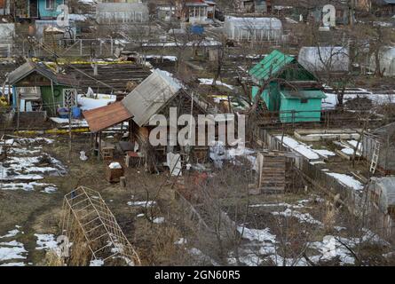 Kovrov, Russia. 22 March 2017. Collective gardens in early spring. View from a multistory building Stock Photo