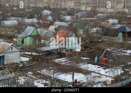 Kovrov, Russia. 22 March 2017. Collective gardens in early spring. View from a multistory building Stock Photo