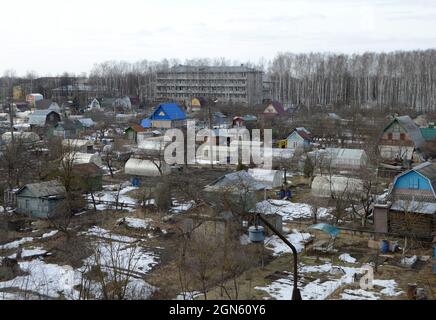 Kovrov, Russia. 22 March 2017. Collective gardens in early spring. View from a multistory building Stock Photo