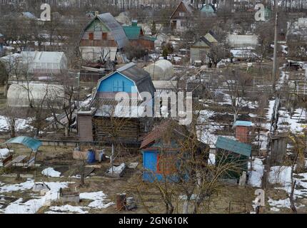 Kovrov, Russia. 22 March 2017. Collective gardens in early spring. View from a multistory building Stock Photo