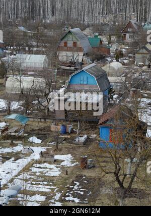 Kovrov, Russia. 22 March 2017. Collective gardens in early spring. View from a multistory building Stock Photo