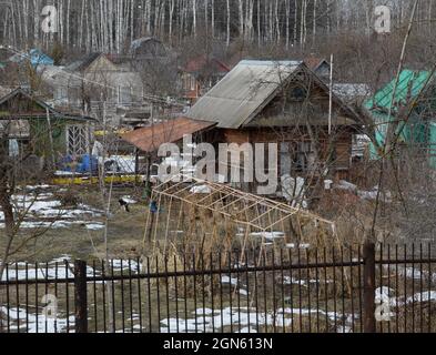 Kovrov, Russia. 22 March 2017. Collective gardens in early spring. View from a multistory building Stock Photo