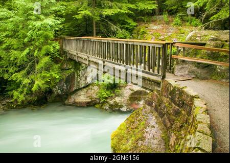 Wooden Footbridge over Avalanche Creek in Glacier National Park, Montana.  Ice-age glacial melt-water carved through the bedrock, sculpting the gorge. Stock Photo