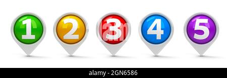 Map pointers with numbers 1, 2, 3, 4, 5 (one, two, three, four, five) isolated on white background, three-dimensional rendering, 3D illustration Stock Photo