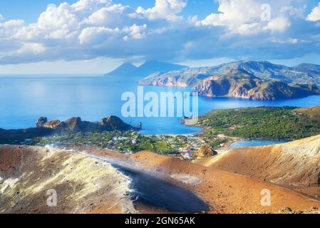 View of Aeolian Islands archipelago from Gran Cratere, Vulcano Island, Aeolian Islands, Sicily, Italy, Stock Photo