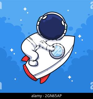 Little astronaut hugging a rocket in the sky in cute line art illustration style Stock Photo