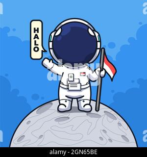 Indonesian Little Astronaut holding flag and saying hello on the moon in cute line art illustration style Stock Photo