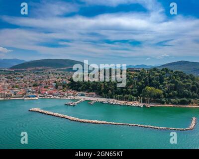 Aerial Panorama view of Vonitsa town and the castle. Vonitsa is a historical picturesque coastal town in the northwestern part of Aetolia Acarnania in Stock Photo