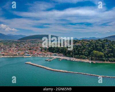 Aerial Panorama view of Vonitsa town and the castle. Vonitsa is a historical picturesque coastal town in the northwestern part of Aetolia Acarnania in Stock Photo