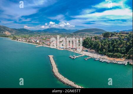 Aerial Panorama view of Vonitsa town and the castle. Vonitsa is a historical picturesque coastal town in the northwestern part of Aetolia Acarnania in Stock Photo