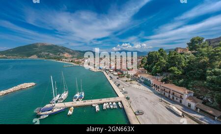 Aerial Panorama view of Vonitsa town and the castle. Vonitsa is a historical picturesque coastal town in the northwestern part of Aetolia Acarnania in Stock Photo