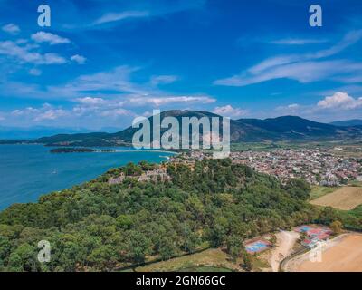 Aerial Panorama view of Vonitsa town and the castle. Vonitsa is a historical picturesque coastal town in the northwestern part of Aetolia Acarnania in Stock Photo