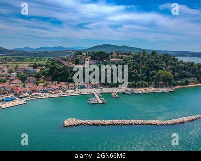 Aerial Panorama view of Vonitsa town and the castle. Vonitsa is a historical picturesque coastal town in the northwestern part of Aetolia Acarnania in Stock Photo