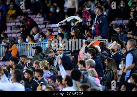 BARCELONA - SEP 20: Supporters during the La Liga match between FC Barcelona and Granada CF de Futbol at the Camp Nou Stadium on September 20, 2021 in Stock Photo